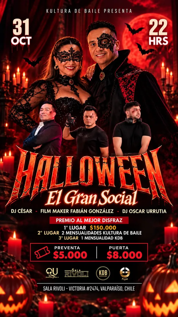 Afiche de Halloween – El Gran Social: sábado 31 de octubre a las 22:00 en Sala Rívoli, Victoria 2474, Valparaíso. Con DJ César y DJ Oscar Urrutia. Premio al mejor disfraz: 1.er lugar $150.000, 2.º lugar 2 mensualidades Kultura de Baile y 3.er lugar 1 mensualidad KDB. Preventa $5.000 y puerta $8.000.